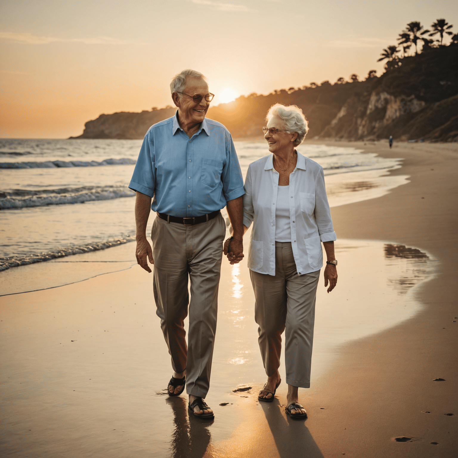 A senior couple enjoying their retirement, walking on a beach at sunset