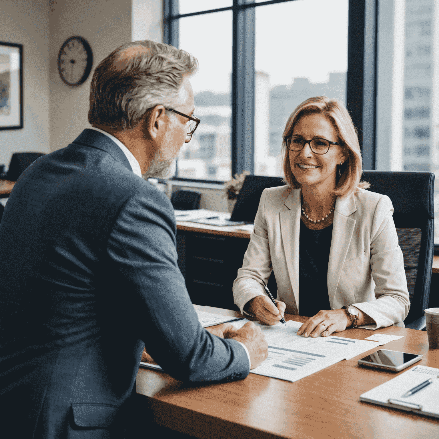 A professional financial advisor discussing retirement planning strategies with a small business owner in an office setting