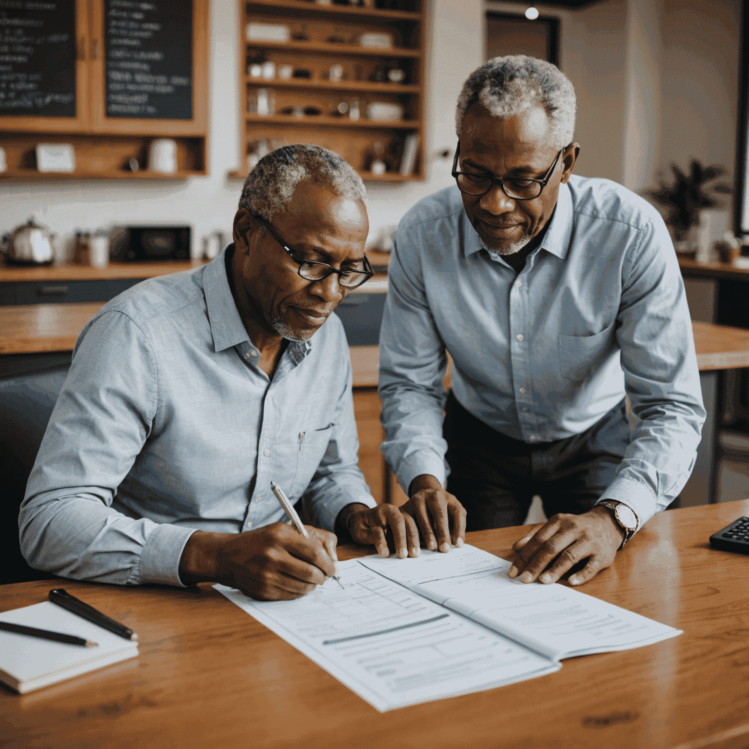 A small business owner in South Africa reviewing their retirement plan with a financial advisor