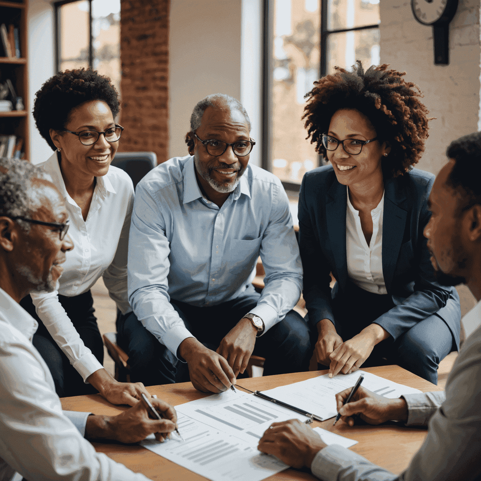 A group of diverse South African business owners discussing pension fund options with a financial advisor