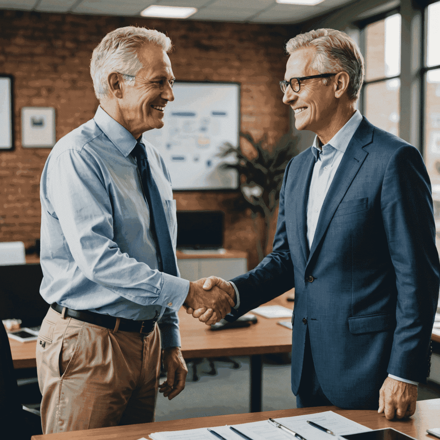 A senior business owner shaking hands with a younger successor in an office setting, symbolizing the transition of leadership and ownership