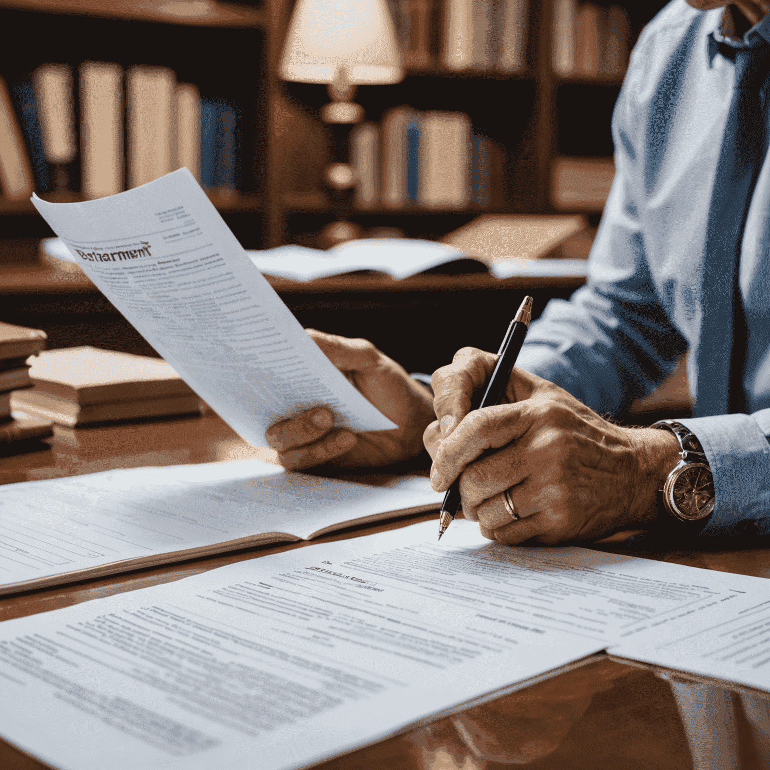 A professional looking image showing a person reviewing retirement savings documents with tax law books in the background