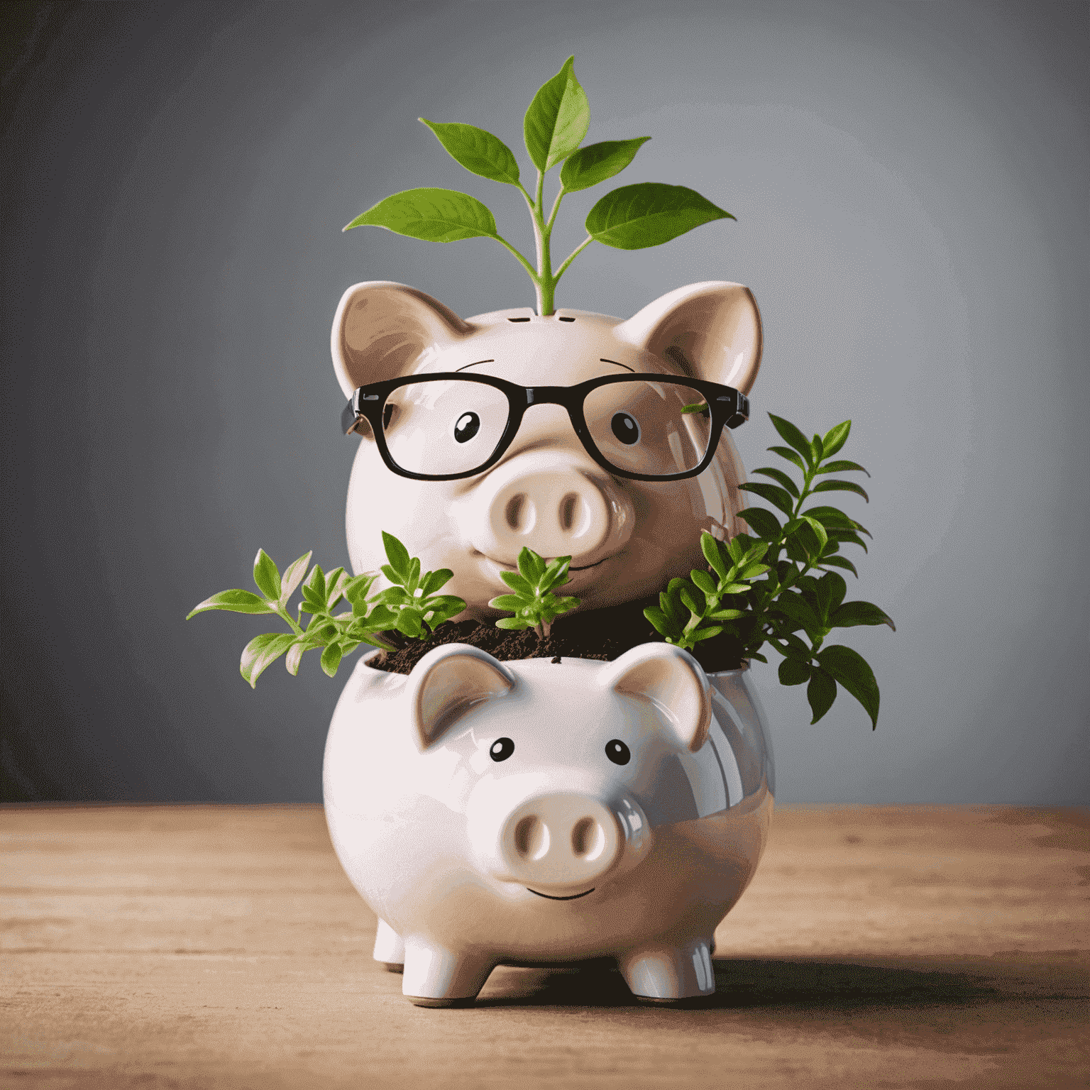 Balancing a piggy bank and a growing plant, symbolizing the balance between retirement savings and business investments