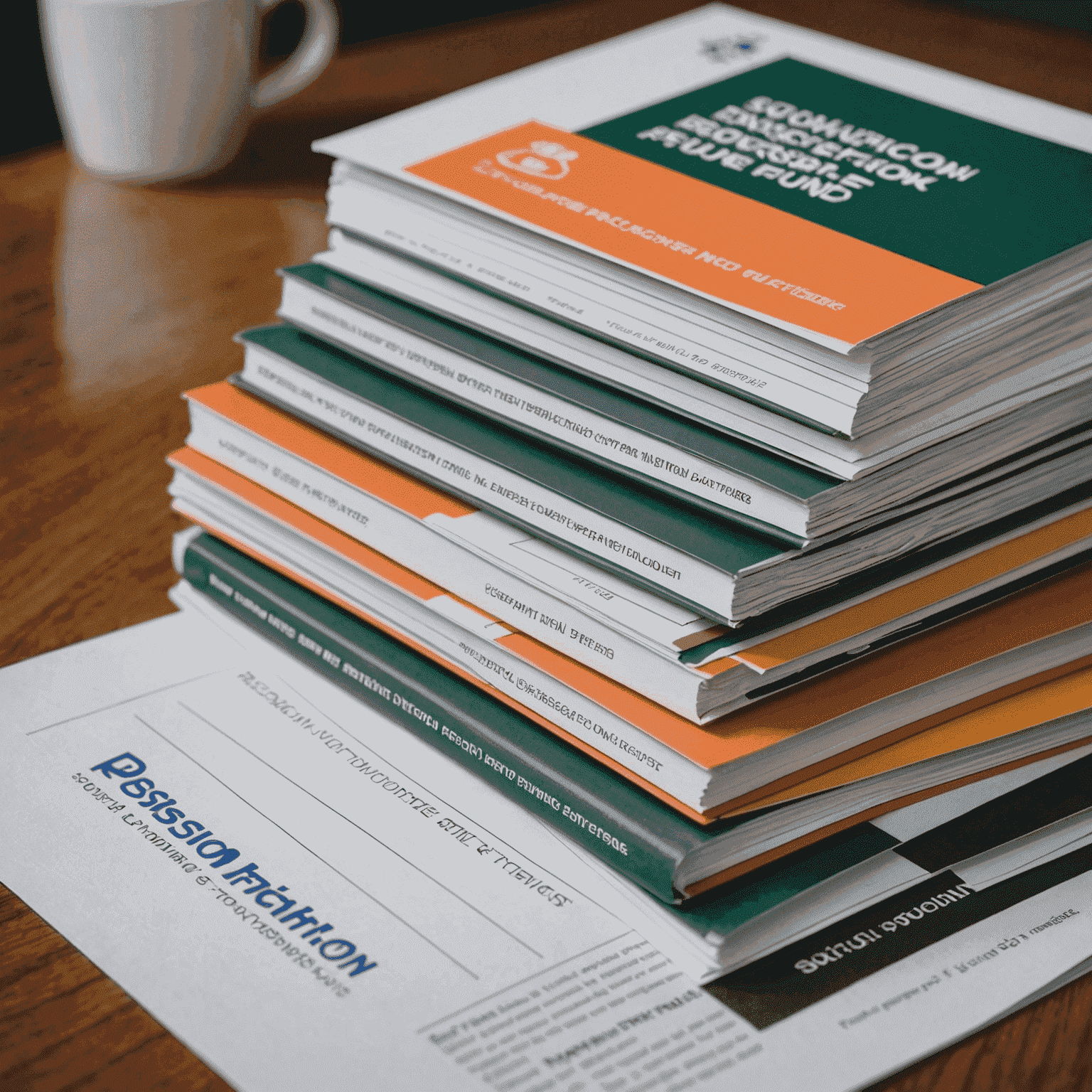 A stack of documents and brochures about various South African pension fund options for small and medium enterprises