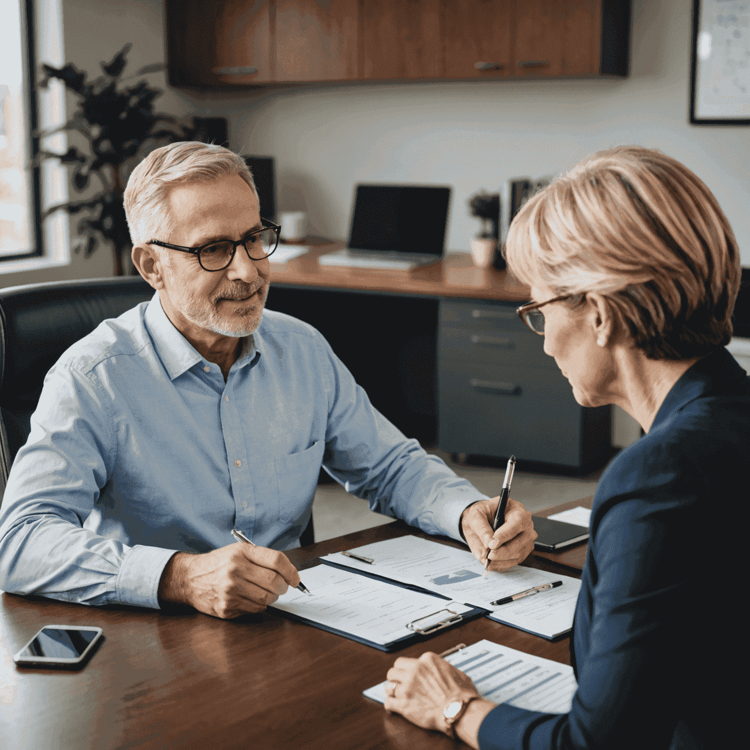 A professional financial advisor discussing retirement planning strategies with a small business owner in an office setting