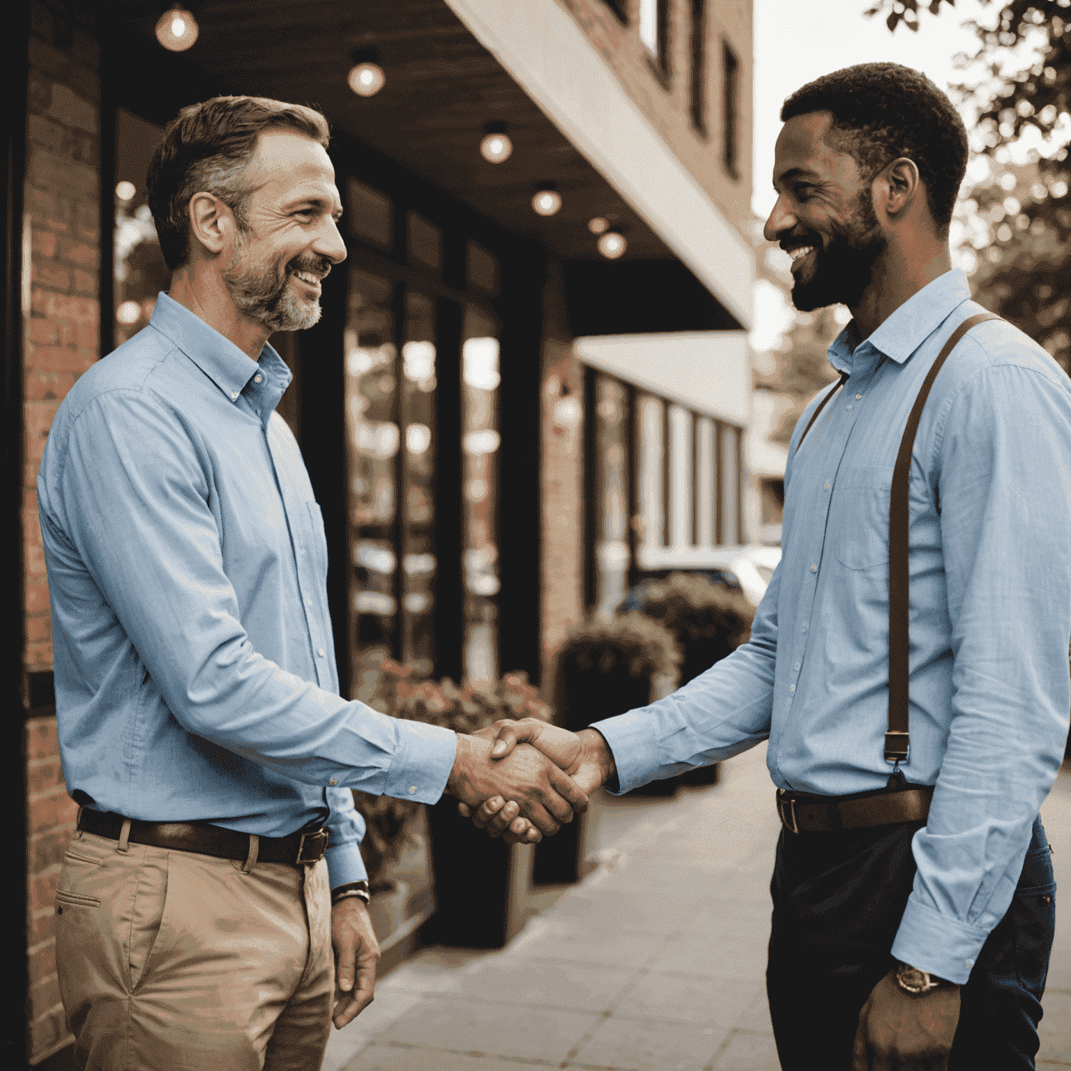 A small business owner shaking hands with their successor in front of their business, symbolizing a smooth transition of ownership