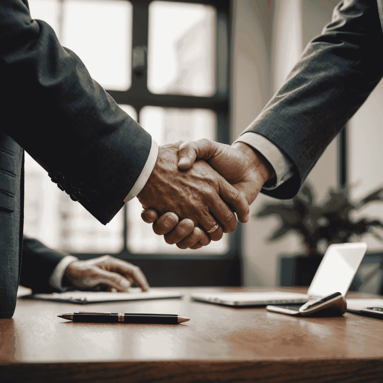 A handshake between an older business owner and a younger successor, symbolizing a smooth transition of business ownership