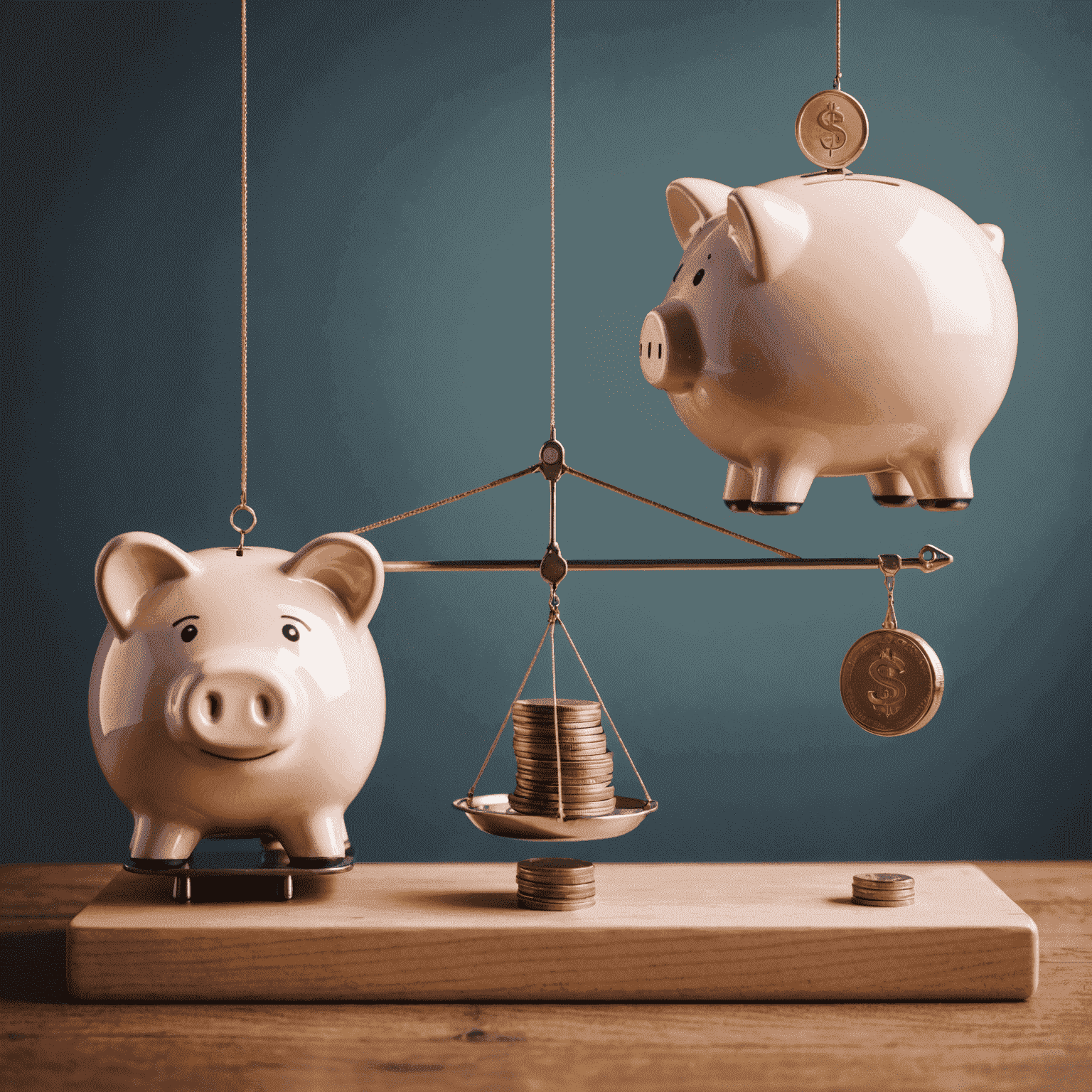 A scale balancing a piggy bank and a small business, symbolizing the challenge of balancing retirement savings and business growth